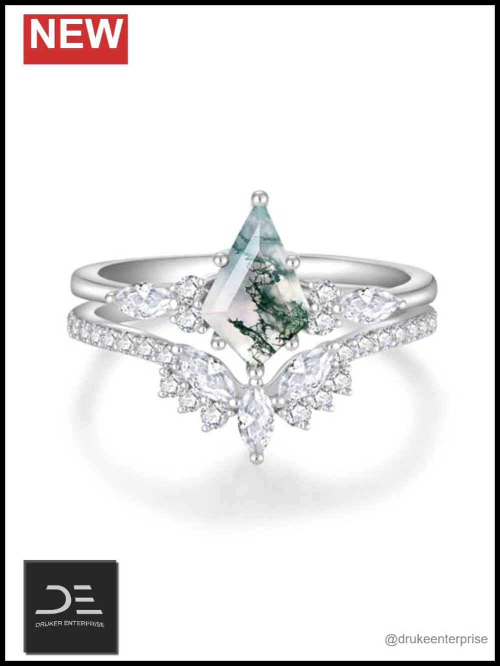Natural Moss Agate Engagement Ring Set 925 Sterling Silver Kite Cut Moissanite